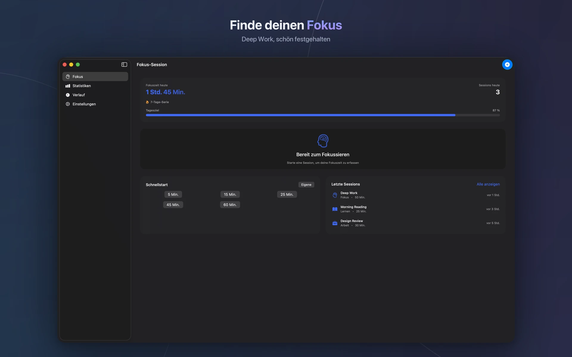 Focalify Übersicht in einem dunklen Mac-Fenster