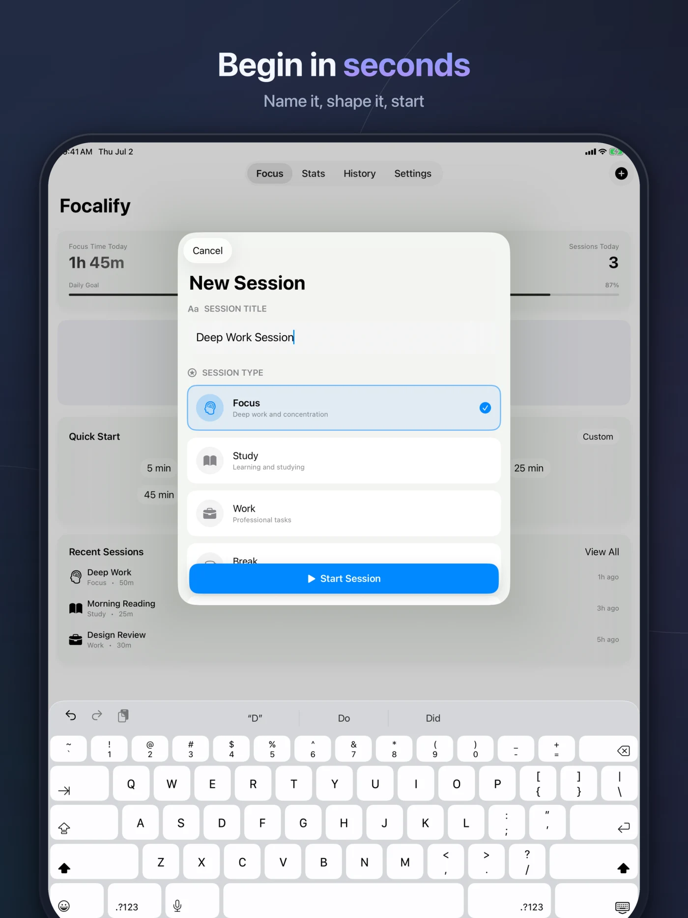 Focalify session creation screen on iPad
