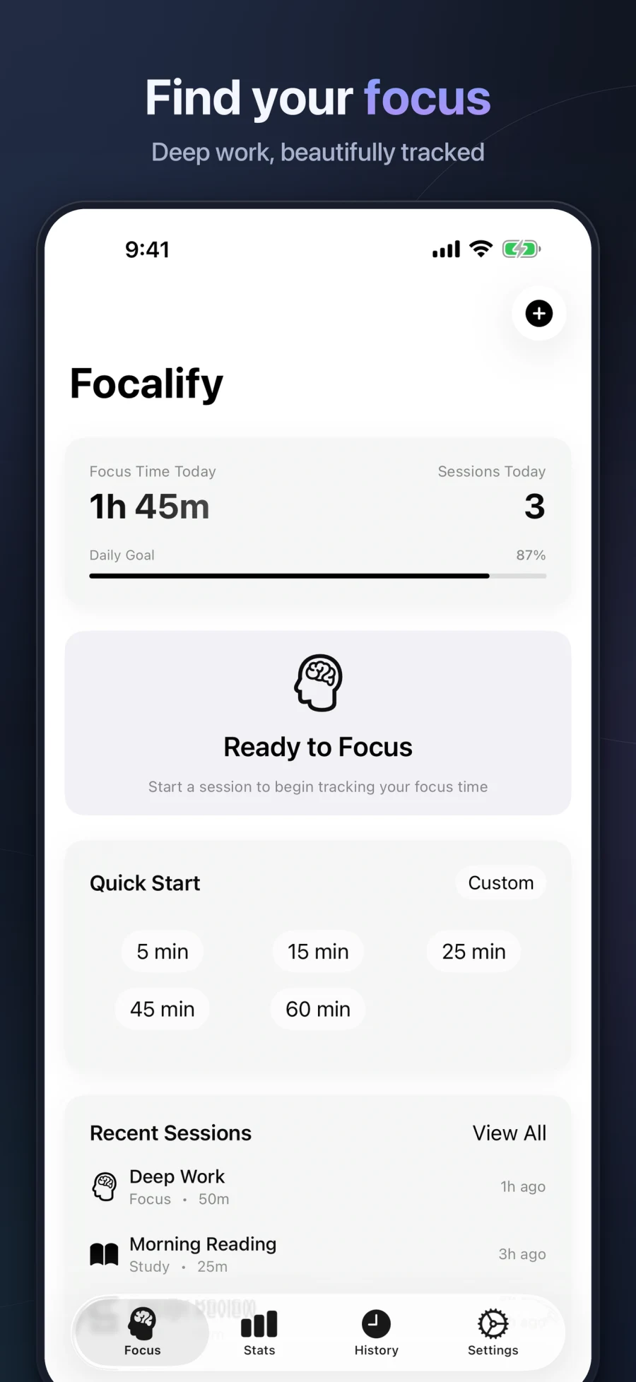 Focalify daily dashboard on iPhone with focus time, goals, quick start, and recent sessions