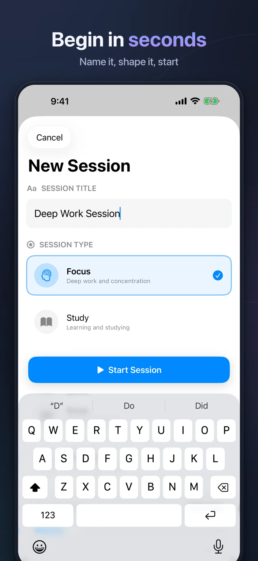 Focalify iPhone session creation screen with type and duration choices