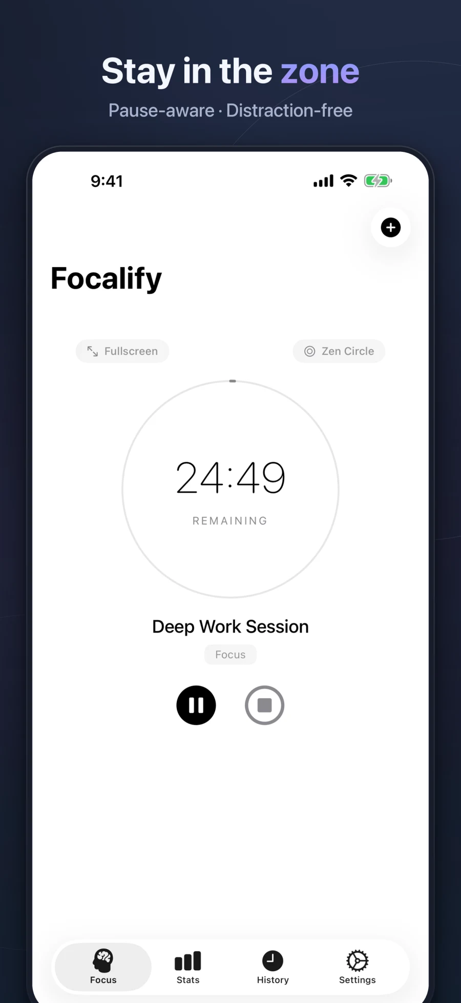 Focalify Zen Circle timer counting down a deep work session on iPhone