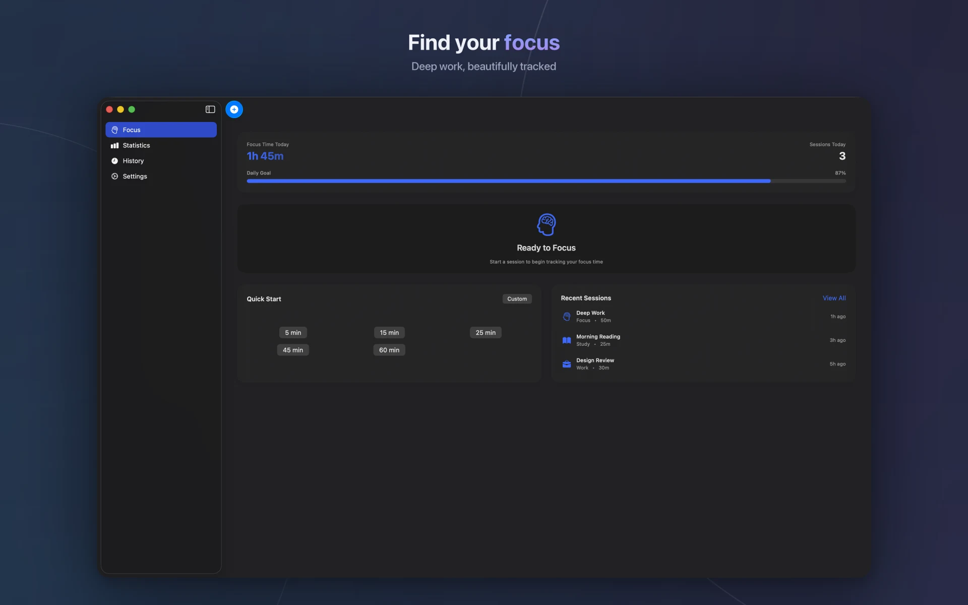 Focalify dashboard in a dark Mac window