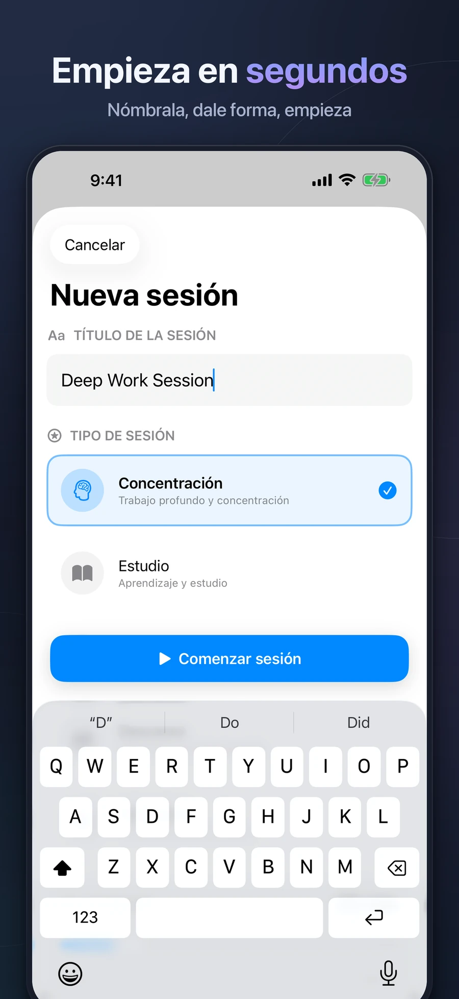 Creación de sesión de Focalify en iPhone con tipo y duración