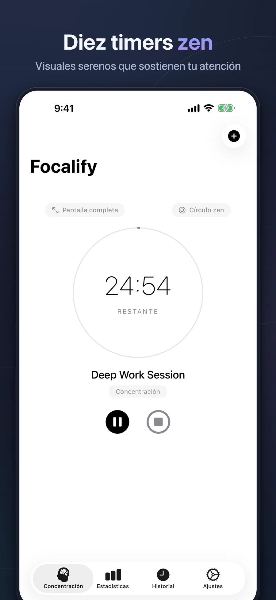 Temporizador Círculo zen de Focalify durante una sesión de trabajo profundo en iPhone