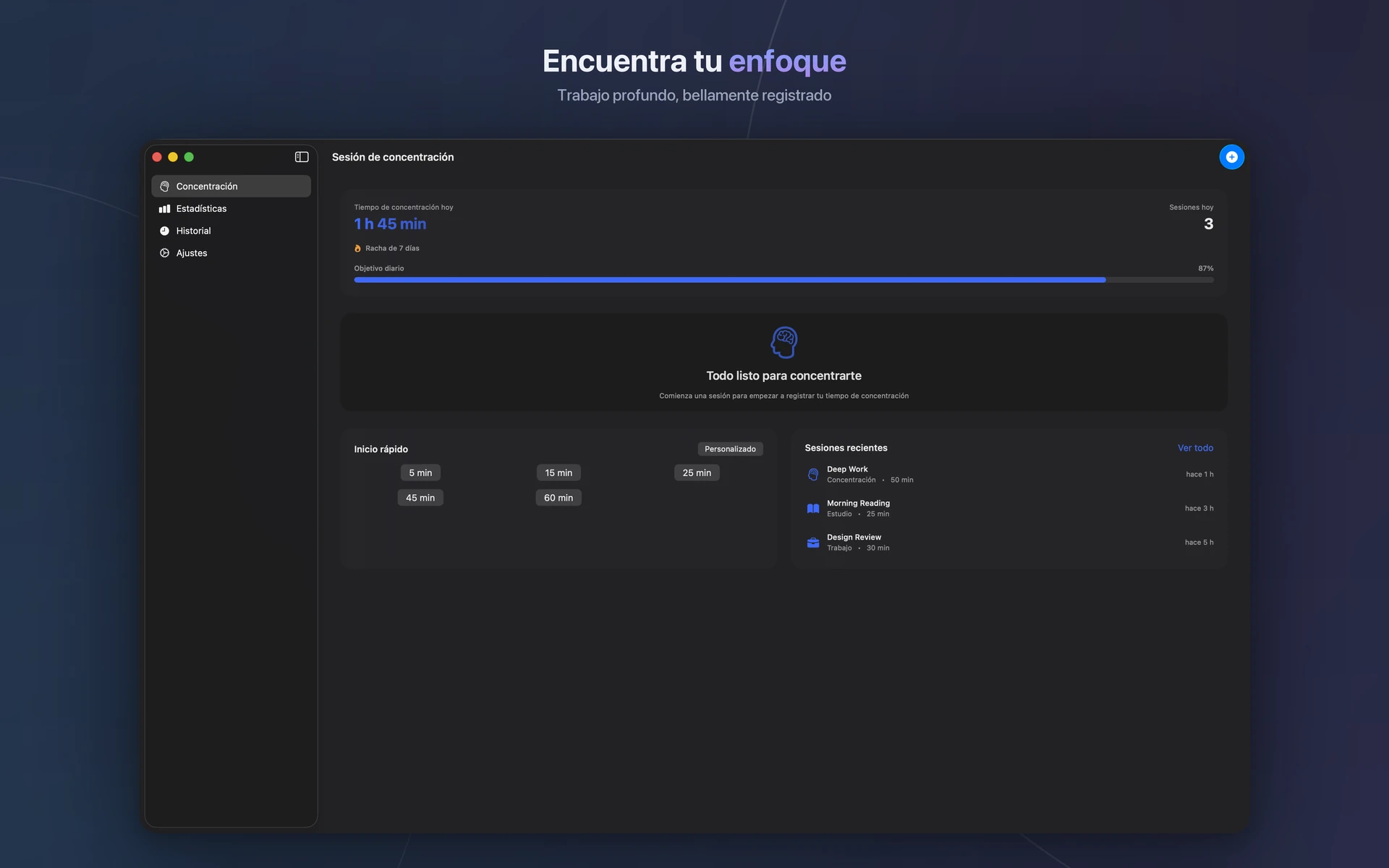 Panel de Focalify en una ventana oscura de Mac