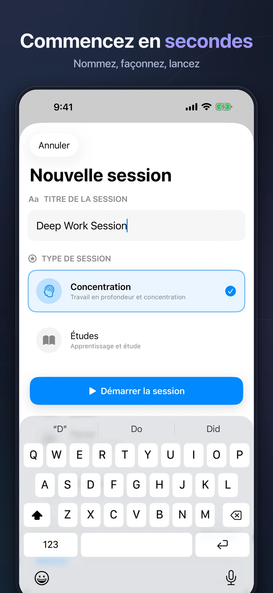 Création d’une session Focalify sur iPhone avec type et durée
