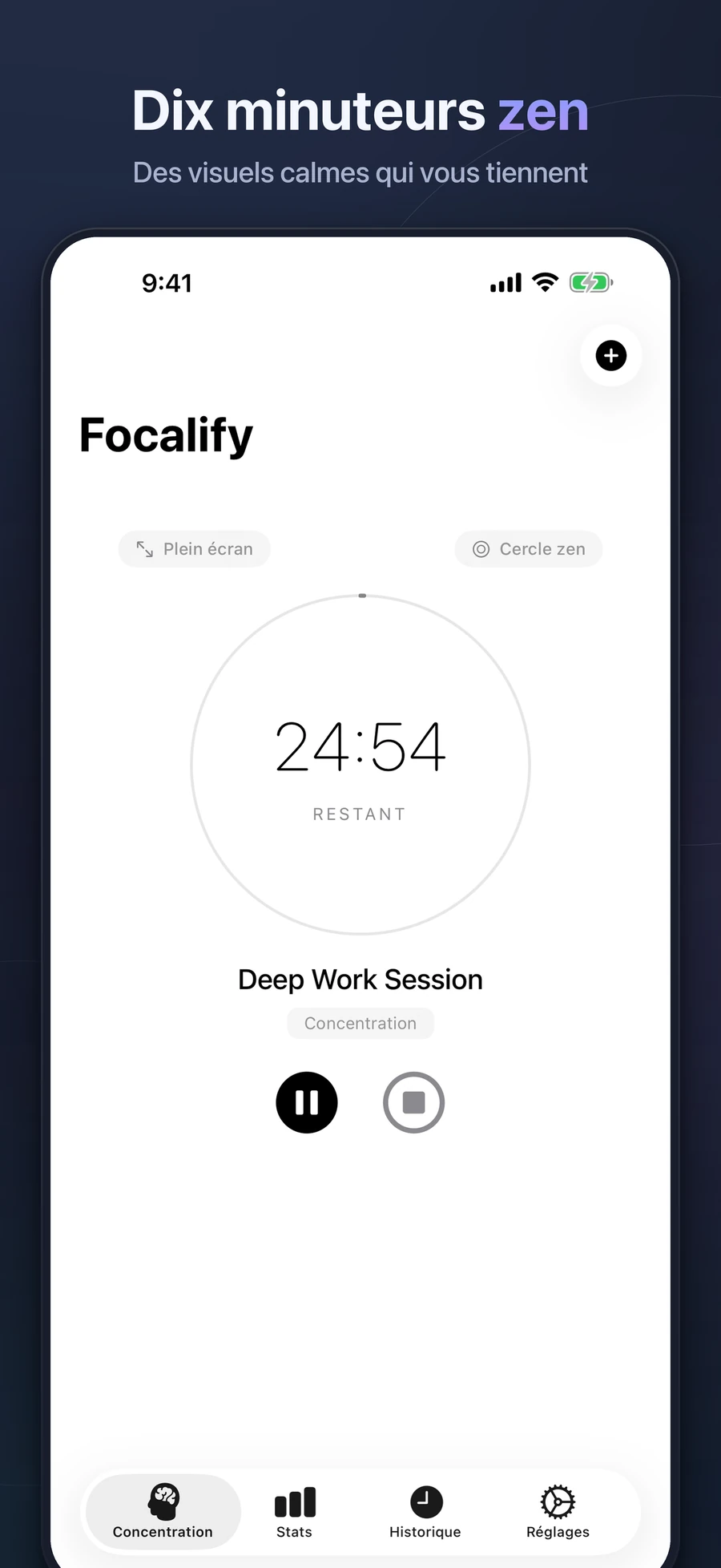 Minuteur Cercle zen de Focalify pendant une session de travail profond sur iPhone